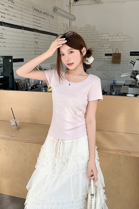 小狗印花蝴蝶結修身短袖t恤女2026夏新款純欲風辣妹正肩顯瘦上衣