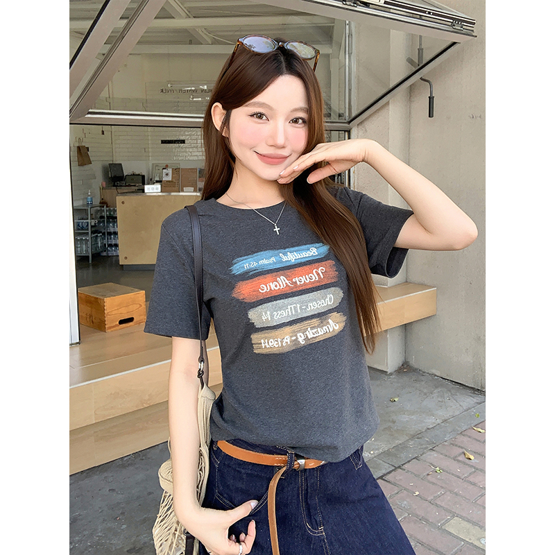 韓系字母印花短袖t恤女2026夏季新款小個子時尚休閑百搭通勤上衣