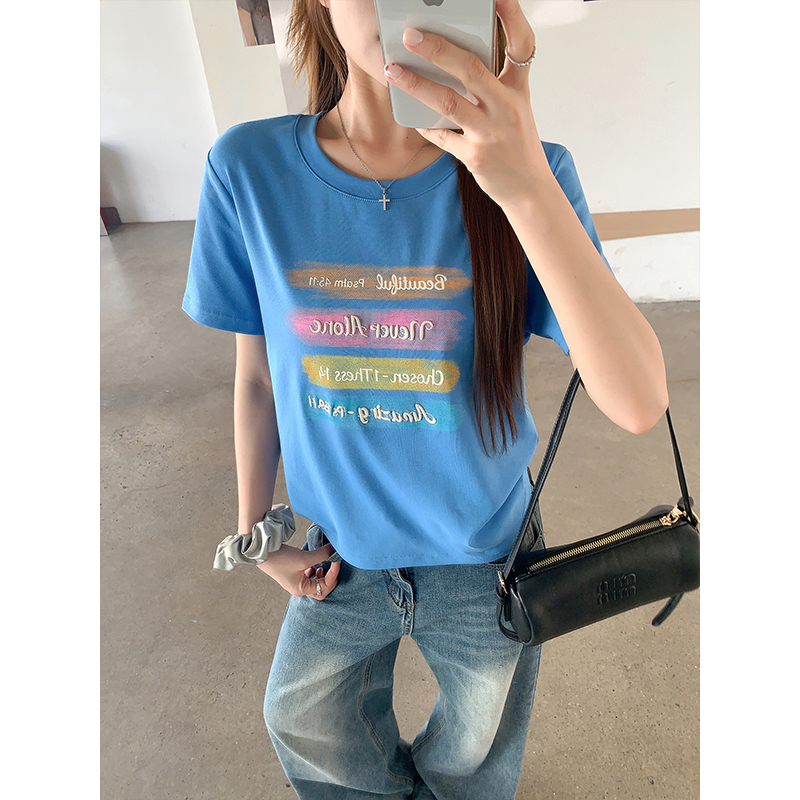 彩虹字母印花圓領短袖t恤衫女2026夏季新款時尚休閑寬松顯瘦上衣