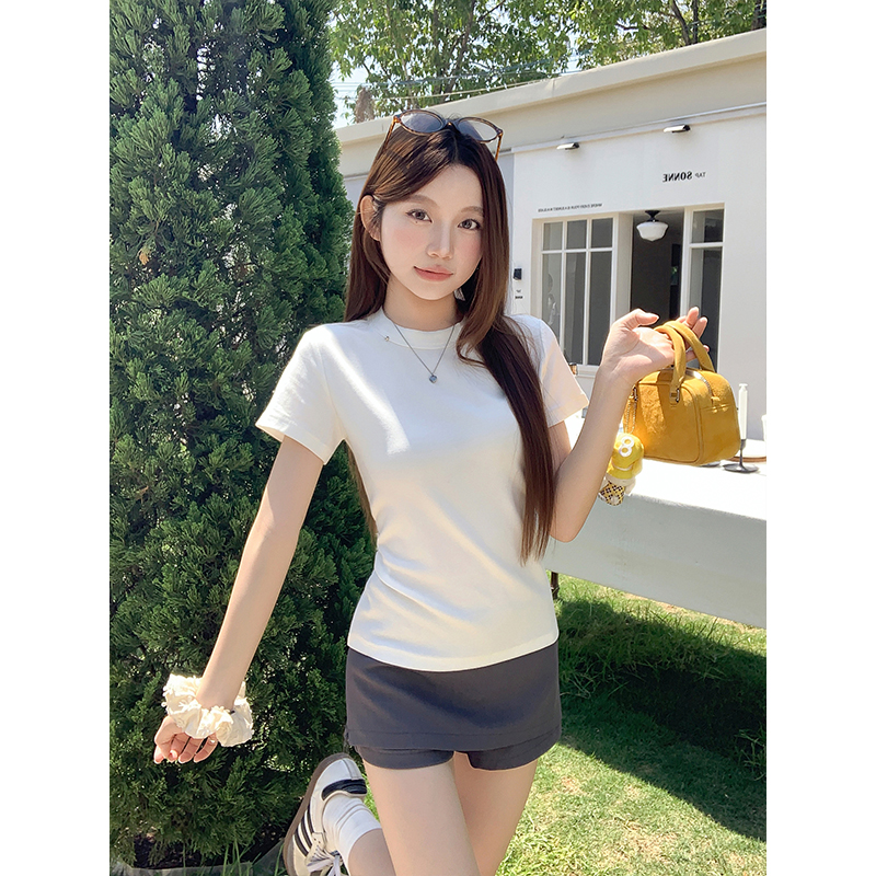 小眾清新藍色圓領短袖t恤女2026夏季新款基礎款百搭顯瘦休閑上衣