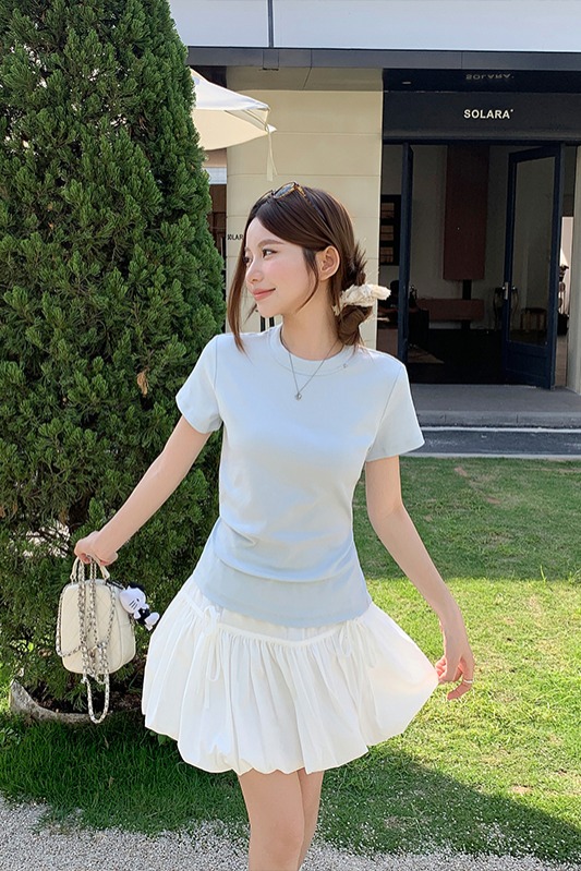 小眾清新藍色圓領短袖t恤女2026夏季新款基礎款百搭顯瘦休閑上衣