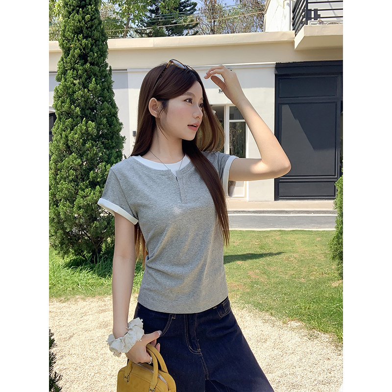 條紋拼接假兩件短袖t恤衫女2026夏季韓系撞色設計感小眾百搭上衣
