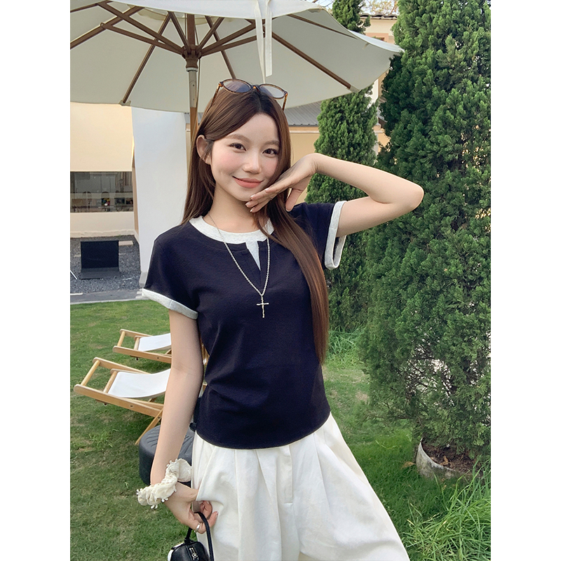 條紋拼接假兩件短袖t恤衫女2026夏季韓系撞色設計感小眾百搭上衣