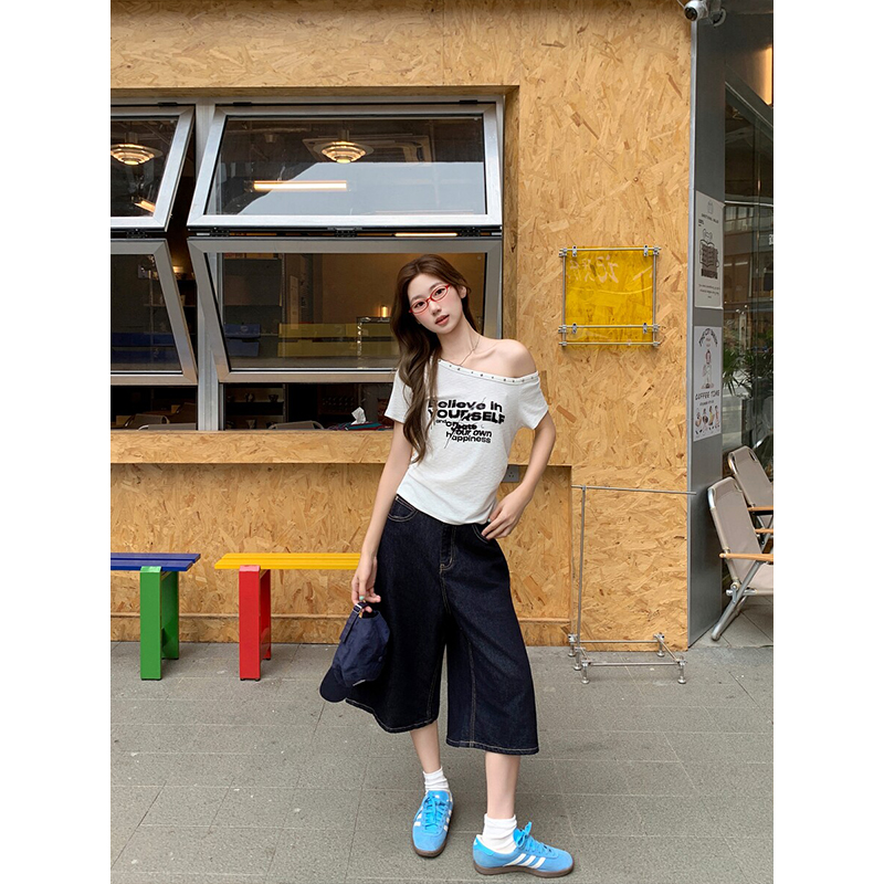 美式辣妹斜肩字母印花短袖T恤女2026夏季新款修身顯瘦短款上衣