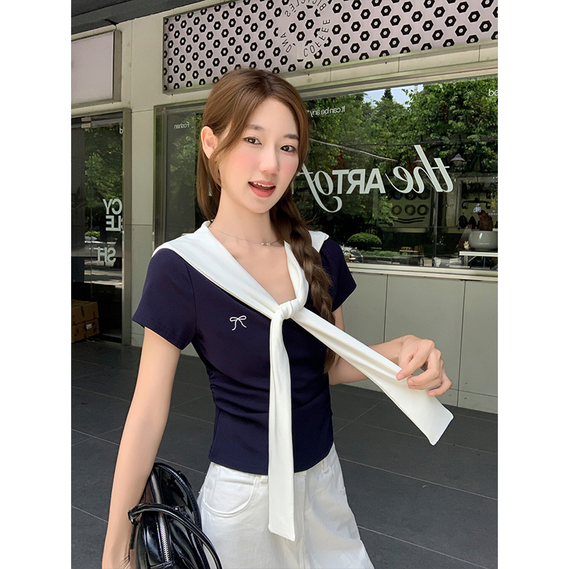 假兩件披肩設計感小眾短袖T恤女夏季新款修身短款甜辣絕美小上衣