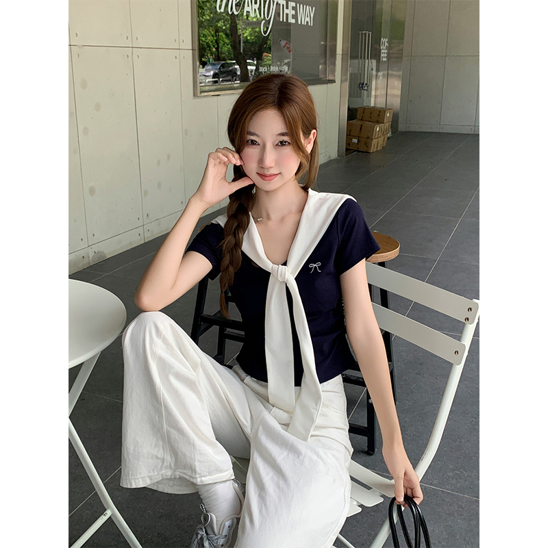 假兩件披肩設計感小眾短袖T恤女夏季新款修身短款甜辣絕美小上衣