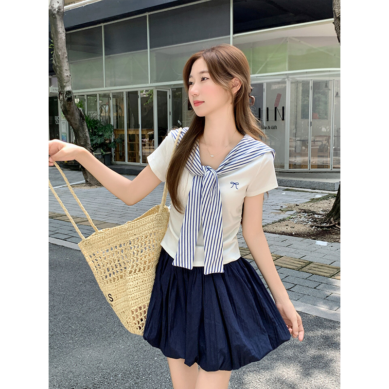 條紋披肩v領短袖t恤女2026夏季新款減齡別致修身顯瘦假兩件短上衣