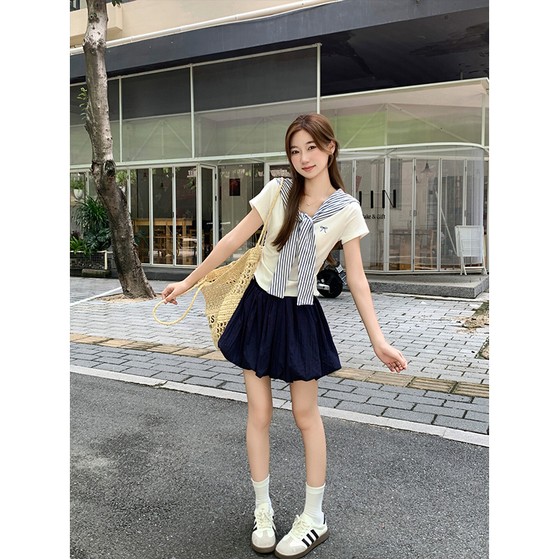 條紋披肩v領短袖t恤女2026夏季新款減齡別致修身顯瘦假兩件短上衣