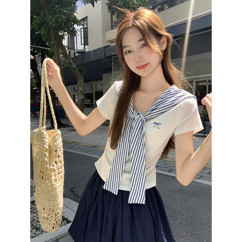 條紋披肩v領短袖t恤女2026夏季新款減齡別致修身顯瘦假兩件短上衣