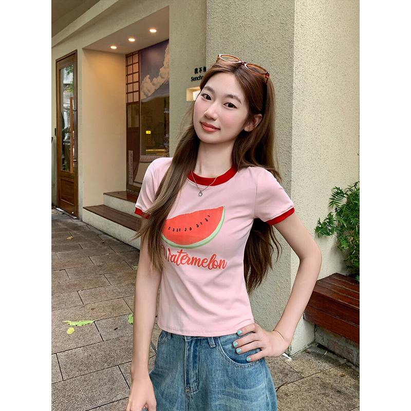 粉色圓領正肩印花短袖t恤女2026夏季新款修身顯瘦百搭短款小上衣