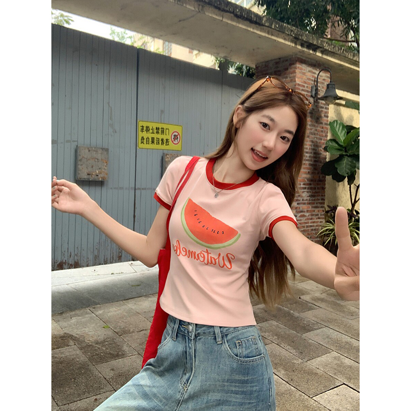 粉色圓領正肩印花短袖t恤女2026夏季新款修身顯瘦百搭短款小上衣