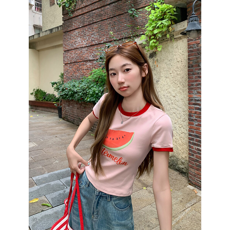 粉色圓領正肩印花短袖t恤女2026夏季新款修身顯瘦百搭短款小上衣