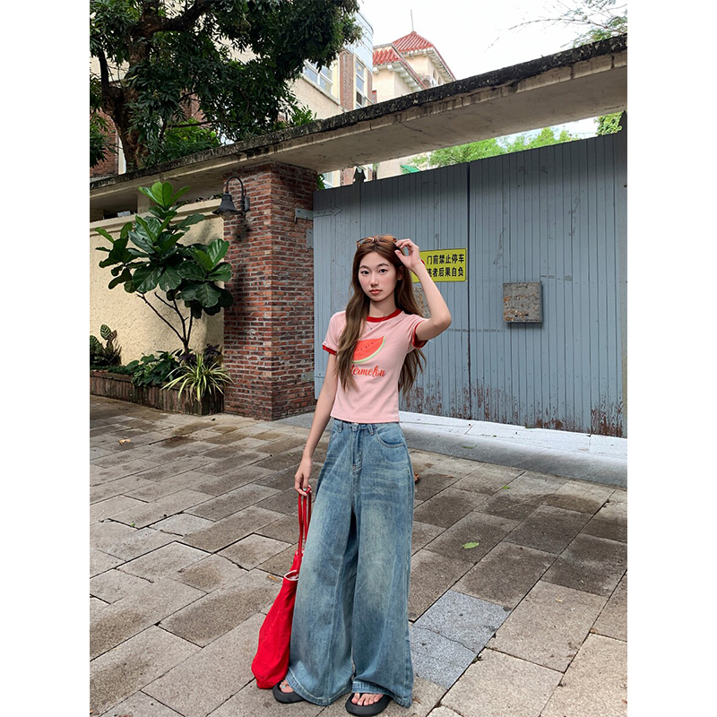 粉色圓領正肩印花短袖t恤女2026夏季新款修身顯瘦百搭短款小上衣