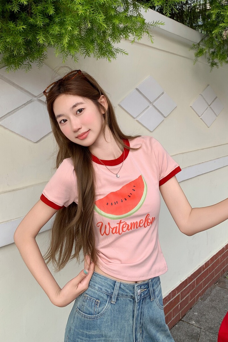 粉色圓領正肩印花短袖t恤女2026夏季新款修身顯瘦百搭短款小上衣