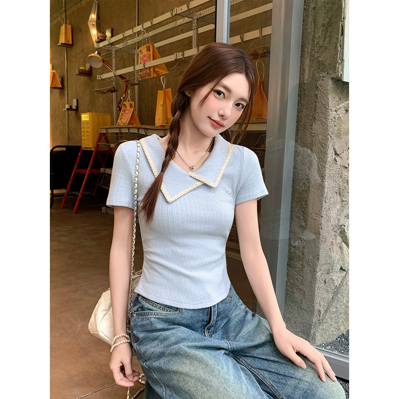 法式別致翻領正肩短袖t恤女夏季設計感掐腰顯瘦氣質短款小衫上衣