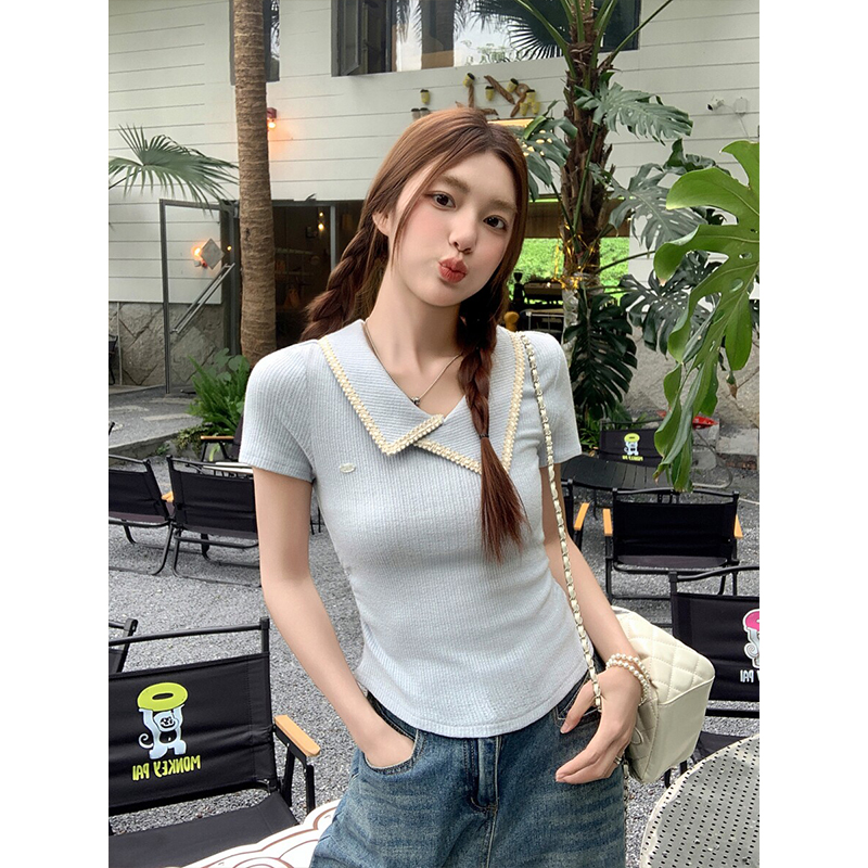 法式別致翻領正肩短袖t恤女夏季設計感掐腰顯瘦氣質短款小衫上衣