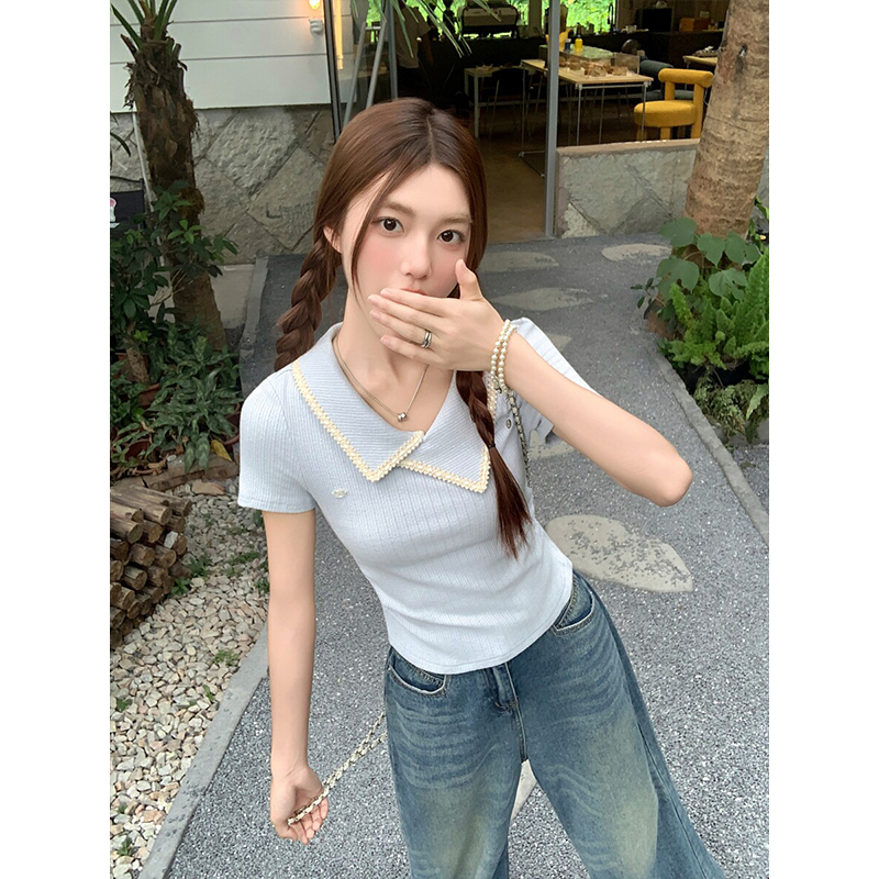 法式別致翻領正肩短袖t恤女夏季設計感掐腰顯瘦氣質短款小衫上衣