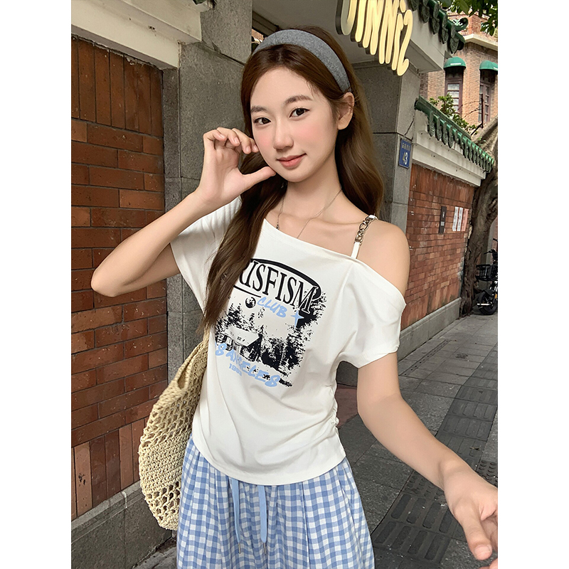 韓系甜酷風露肩短袖t恤夏季新款復古印花設計感收腰顯瘦百搭上衣