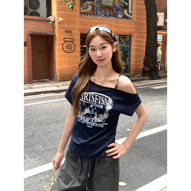 韓系甜酷風露肩短袖t恤夏季新款復古印花設計感收腰顯瘦百搭上衣