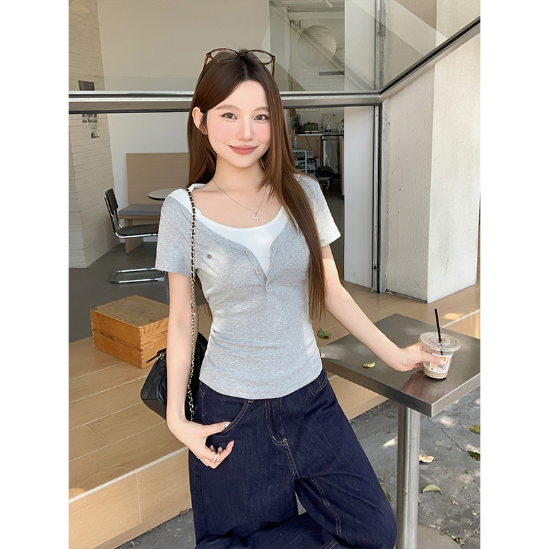 純欲風假兩件短袖t恤女夏季新款半開扣收腰設計感小眾辣妹風上衣