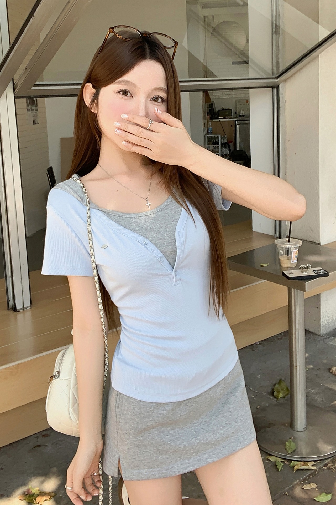 純欲風假兩件短袖t恤女夏季新款半開扣收腰設計感小眾辣妹風上衣