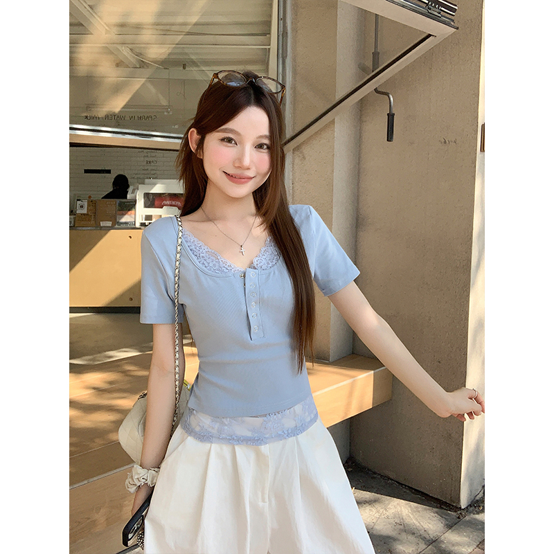 蕾絲拼接假兩件短袖T恤衫女2026夏季新款修身顯瘦純欲辣妹風上衣