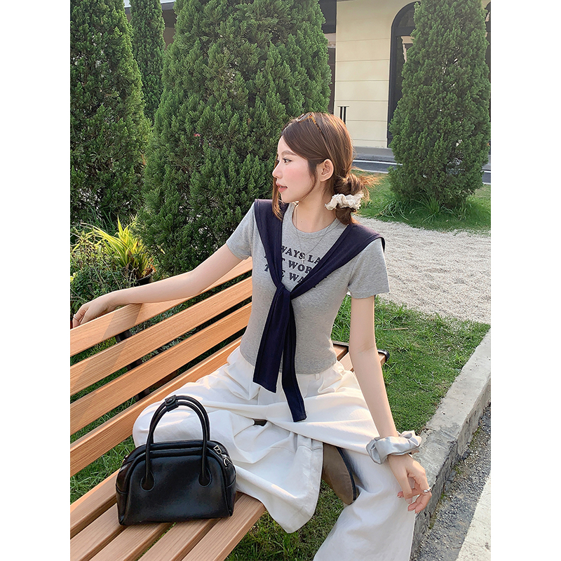 韓系通勤風撞色飄帶短袖t恤女夏季新款字母印花修身短款百搭上衣