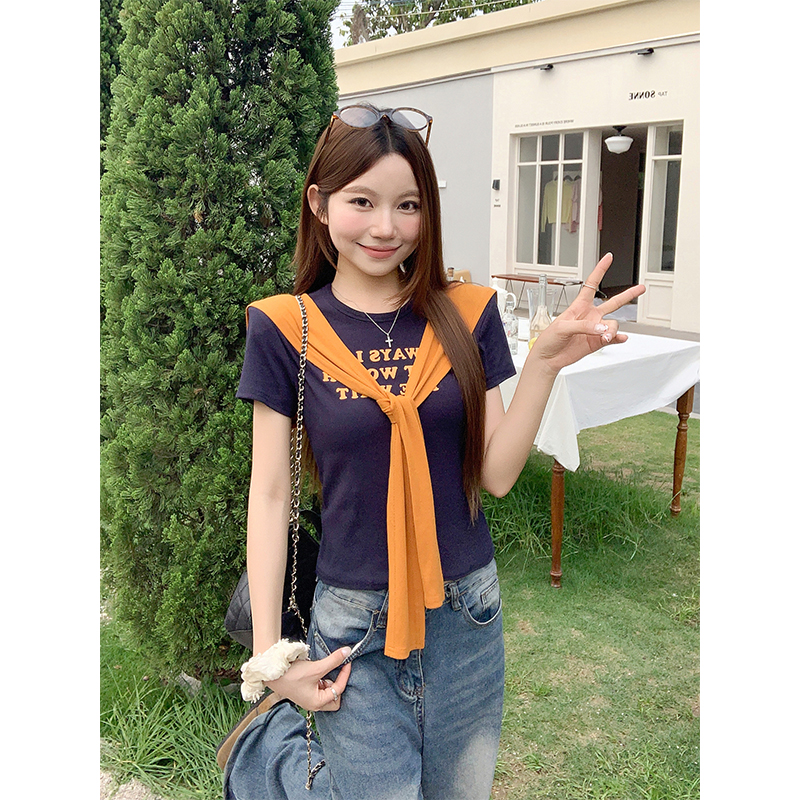 韓系通勤風撞色飄帶短袖t恤女夏季新款字母印花修身短款百搭上衣
