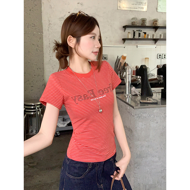 條紋字母印花圓領短袖t恤女夏季新款韓系設計感修身顯瘦正肩上衣