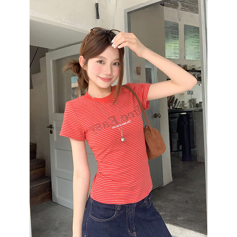 條紋字母印花圓領短袖t恤女夏季新款韓系設計感修身顯瘦正肩上衣