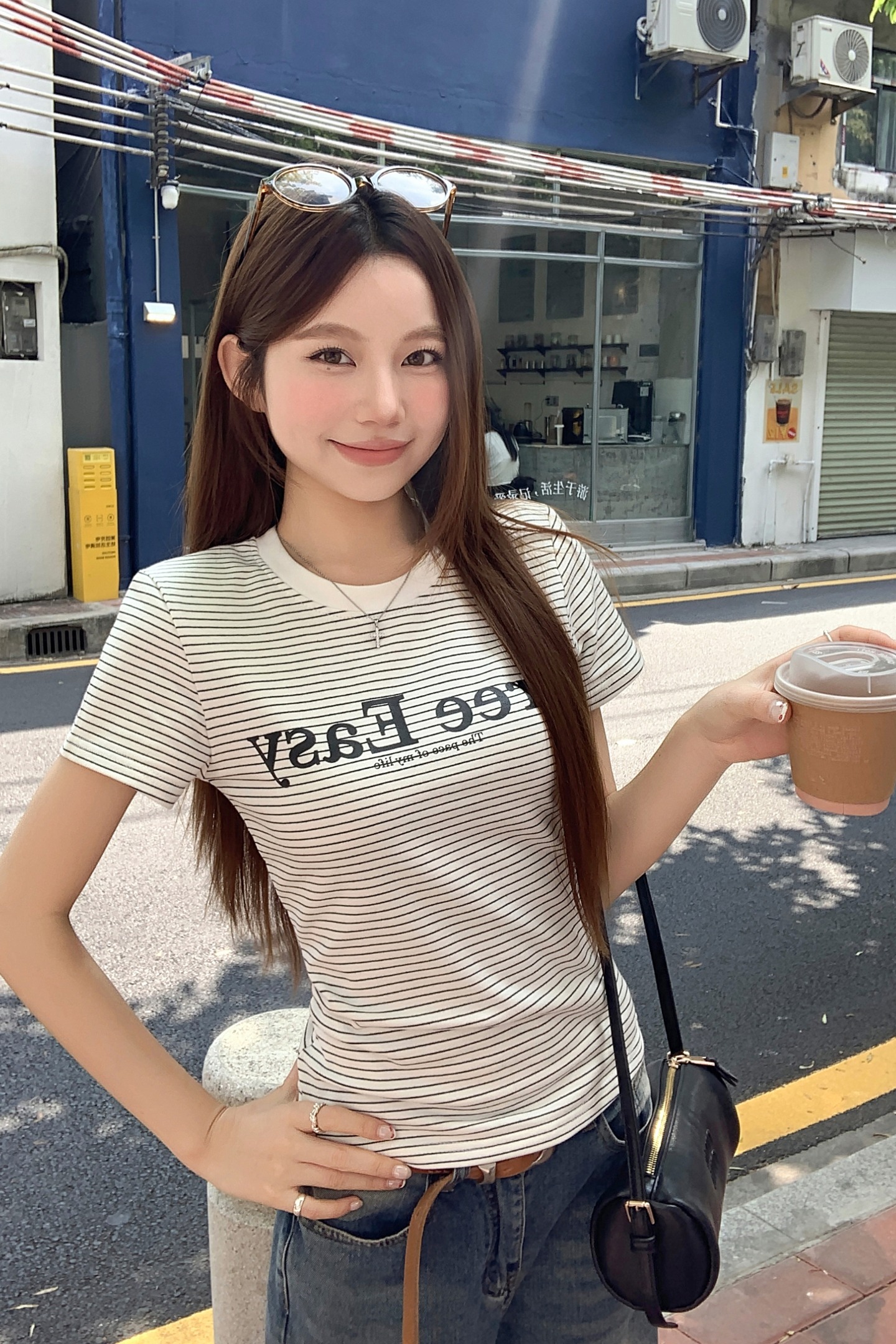條紋字母印花圓領短袖t恤女夏季新款韓系設計感修身顯瘦正肩上衣