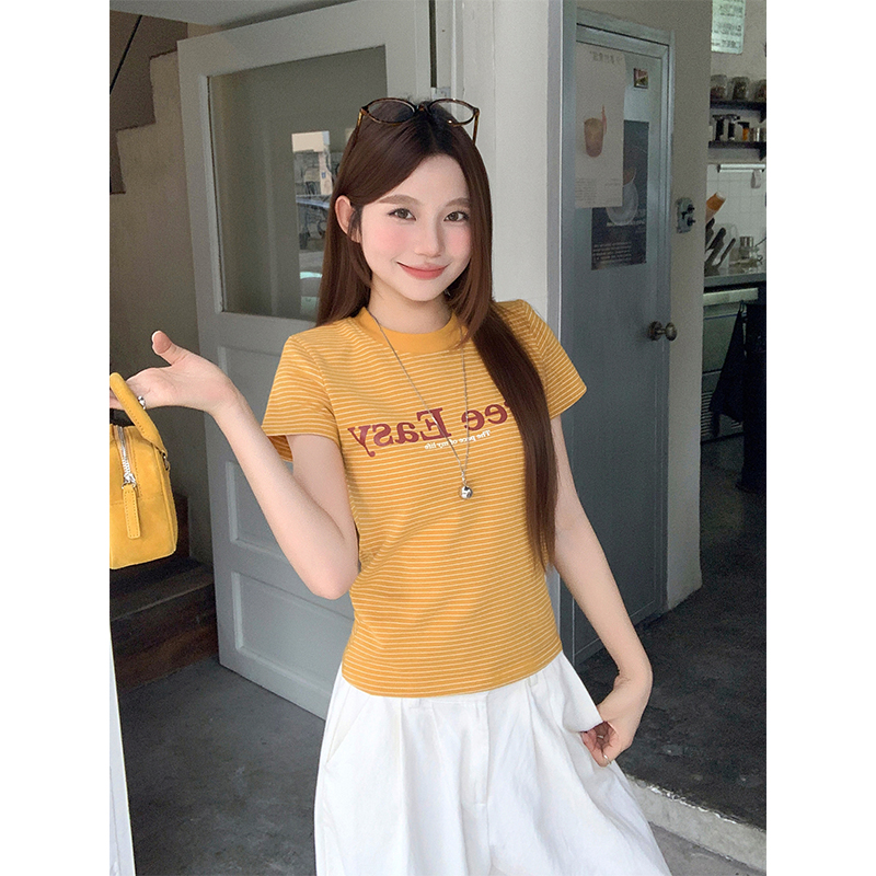簡約通勤風撞色條紋短袖t恤女夏季新款字母印花修身顯瘦正肩上衣