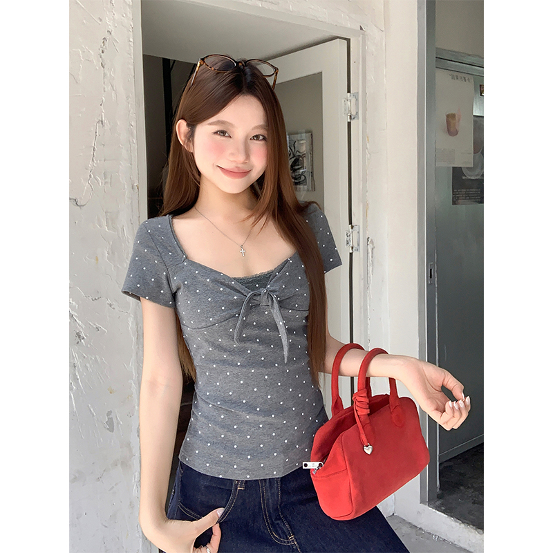 純欲風假兩件波點短袖t恤女夏季新款蝴蝶結系帶花邊顯瘦甜辣上衣
