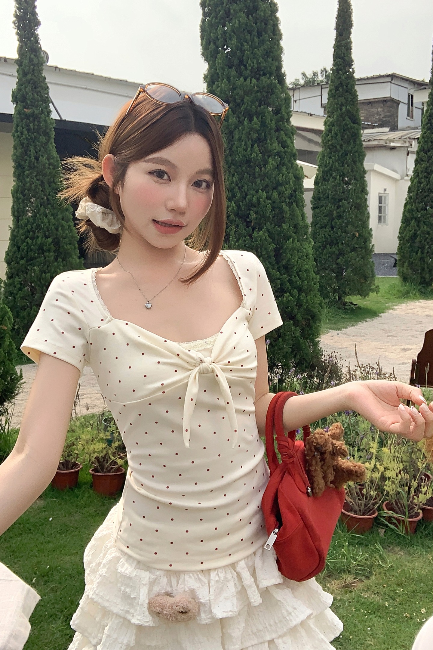 純欲風假兩件波點短袖t恤女夏季新款蝴蝶結系帶花邊顯瘦甜辣上衣