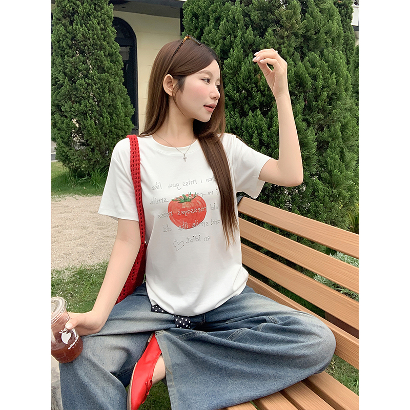 番茄字母燙鉆字母短袖t恤女2026年夏季新款韓系寬松百搭休閑上衣