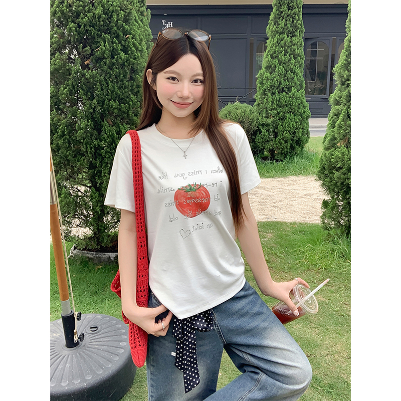 番茄字母燙鉆字母短袖t恤女2026年夏季新款韓系寬松百搭休閑上衣