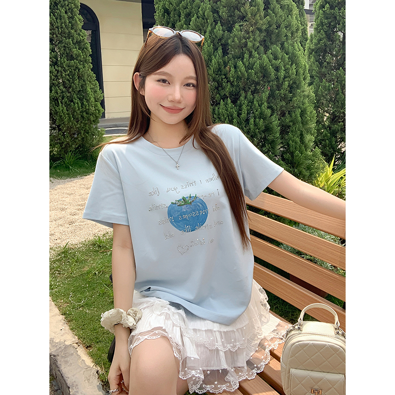韓系可愛西紅柿字母燙鉆t恤女夏季新款寬松顯瘦圓領通勤百搭上衣