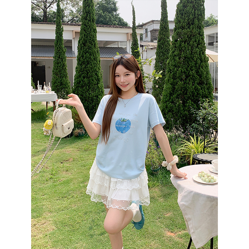 韓系可愛西紅柿字母燙鉆t恤女夏季新款寬松顯瘦圓領通勤百搭上衣