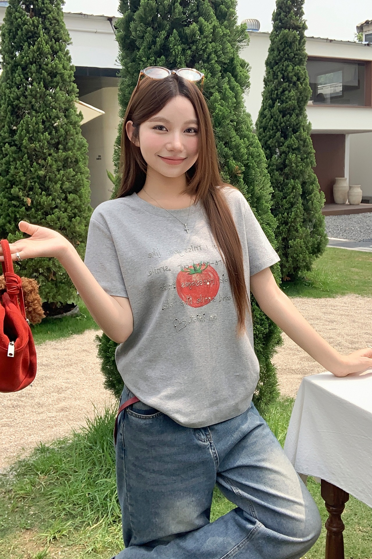 韓系可愛西紅柿字母燙鉆t恤女夏季新款寬松顯瘦圓領通勤百搭上衣