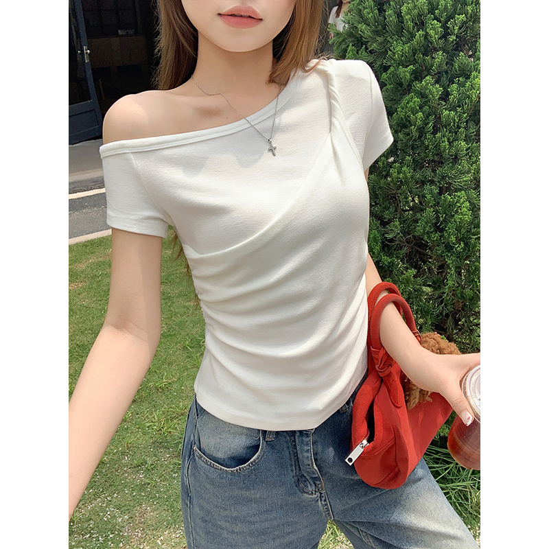 韓系扭結v領短袖t恤女2026夏季新款修身顯瘦側褶皺純欲辣妹風上衣
