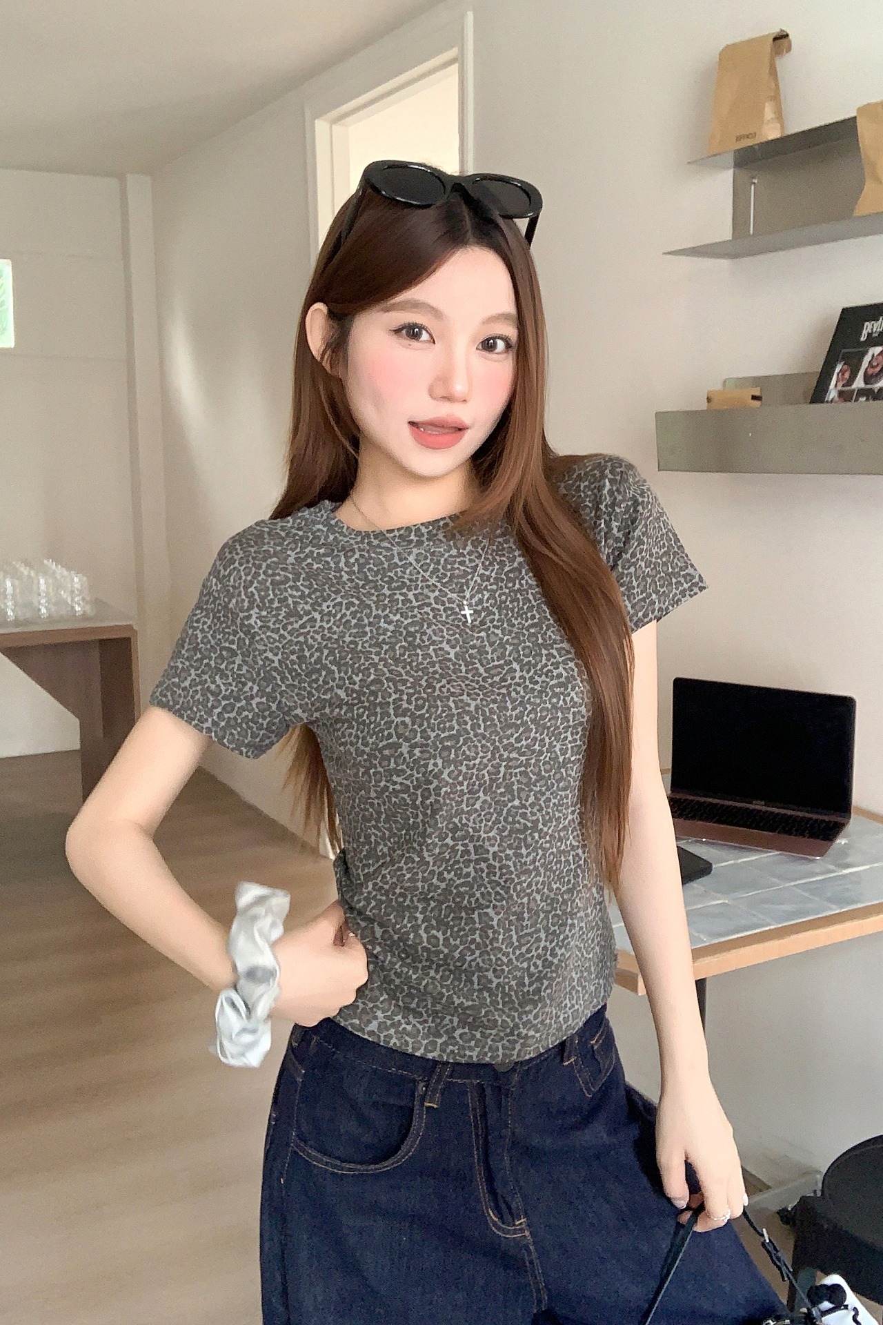 美式復古豹紋印花t恤女2026夏季新款寬松顯瘦圓領休閑百搭衫上衣