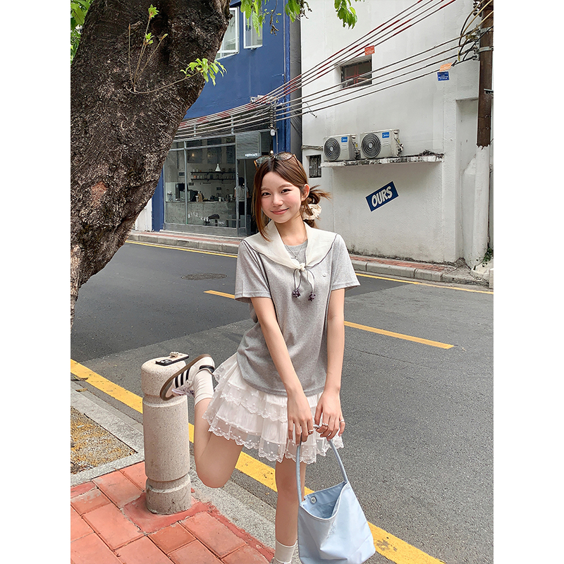 溫柔風披肩圓領短袖t恤女夏季新款韓系寬松顯瘦減齡百搭氣質上衣