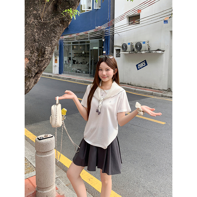 溫柔風披肩圓領短袖t恤女夏季新款韓系寬松顯瘦減齡百搭氣質上衣