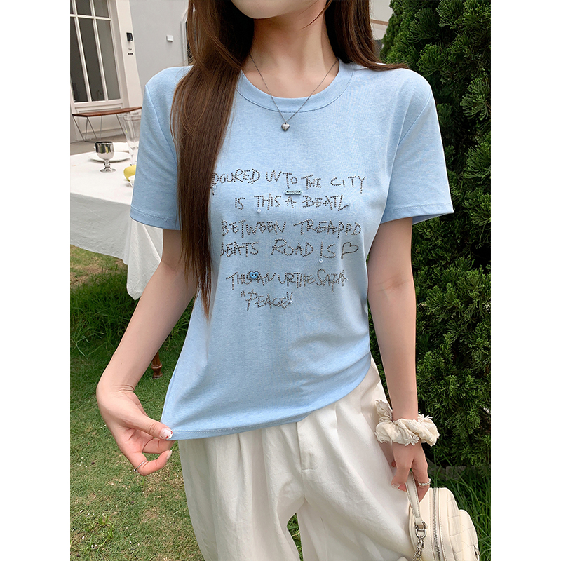 藍色字母燙鉆圓領短袖t恤女夏季韓系休閑慵懶風寬松顯瘦百搭上衣
