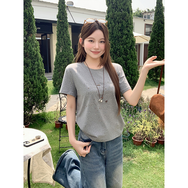藍色字母燙鉆圓領短袖t恤女夏季韓系休閑慵懶風寬松顯瘦百搭上衣