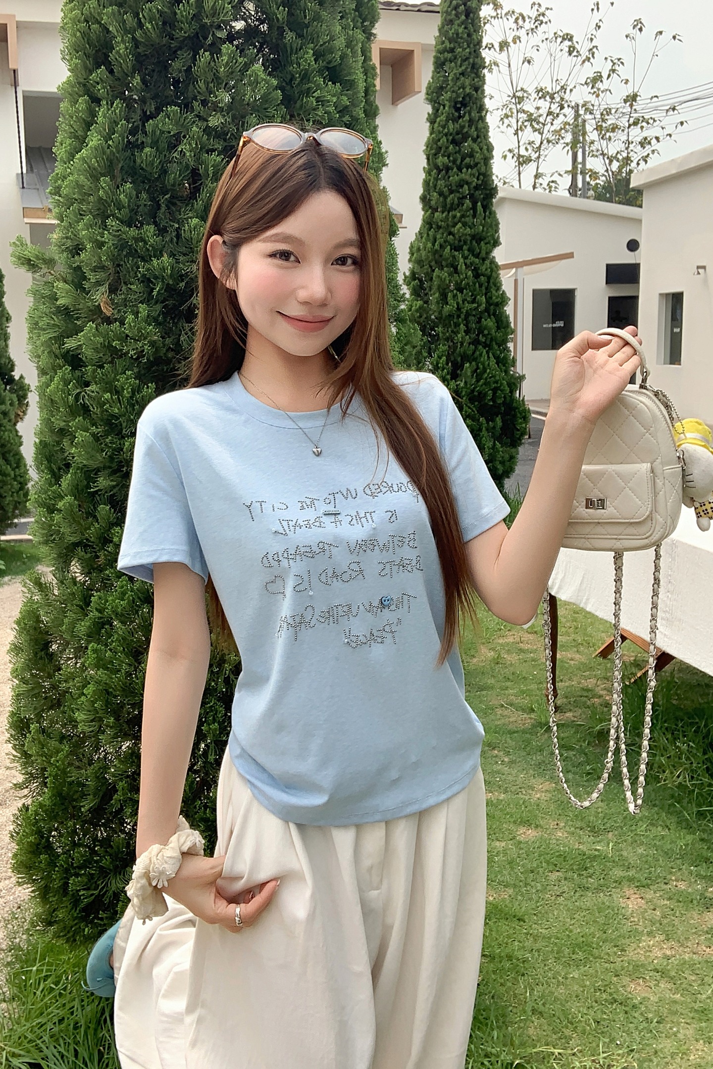 藍色字母燙鉆圓領短袖t恤女夏季韓系休閑慵懶風寬松顯瘦百搭上衣