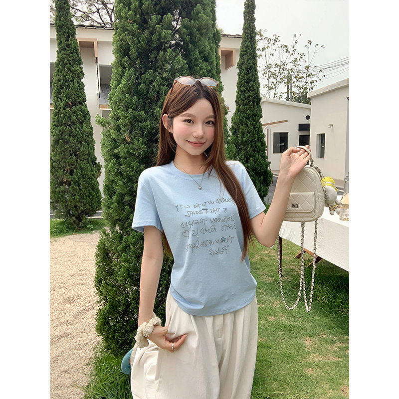 設計感字母燙鉆短袖t恤女夏季新款韓版休閑寬松顯瘦氣質百搭上衣