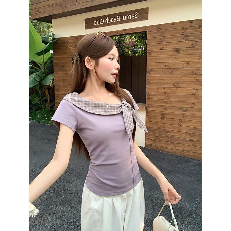 復古格紋系帶短袖t恤女夏季新款純欲風收腰顯瘦氣質通勤短款上衣