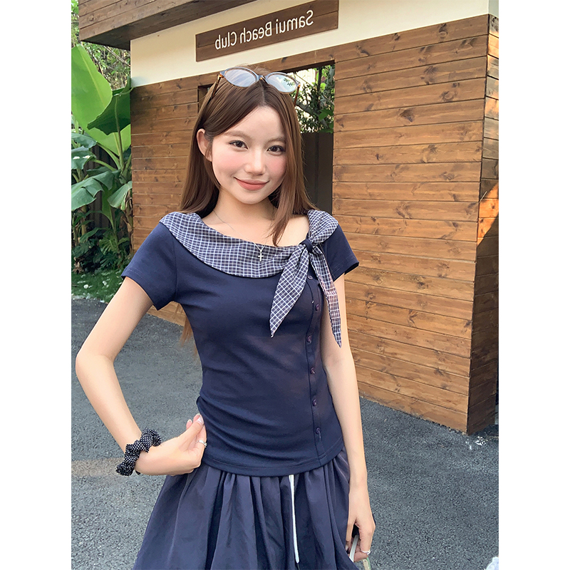 復古格紋系帶短袖t恤女夏季新款純欲風收腰顯瘦氣質通勤短款上衣