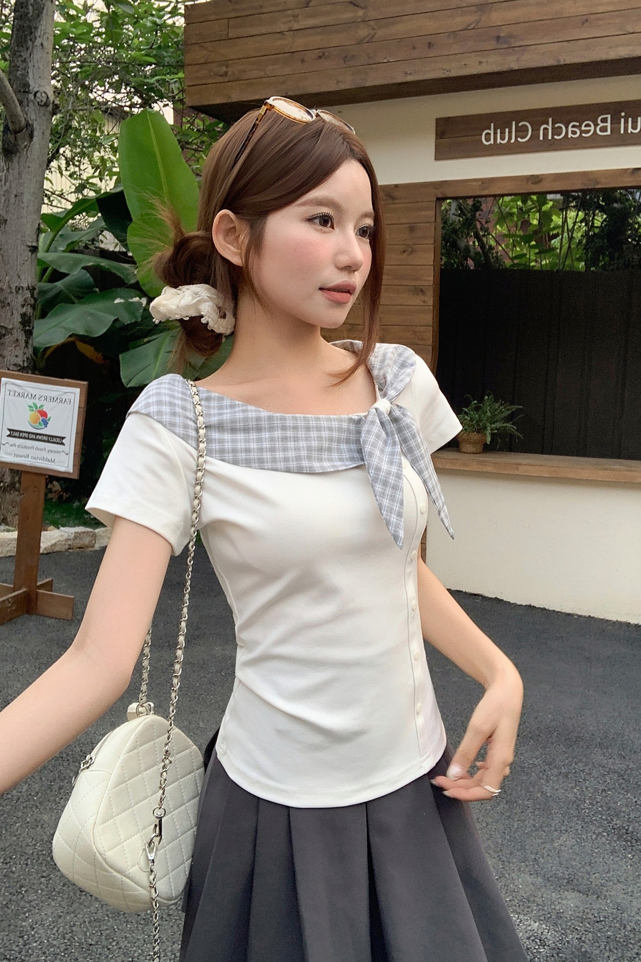 學院風格紋領短袖t恤女夏季新款韓系減齡修身顯瘦獨特漂亮衫上衣